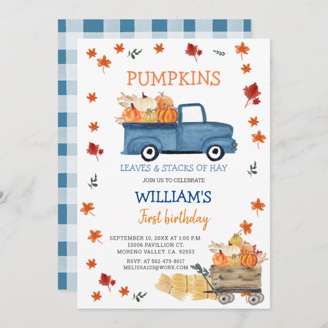 Fall Boy First little navy blue truck birthday Invitation (Front/Back)