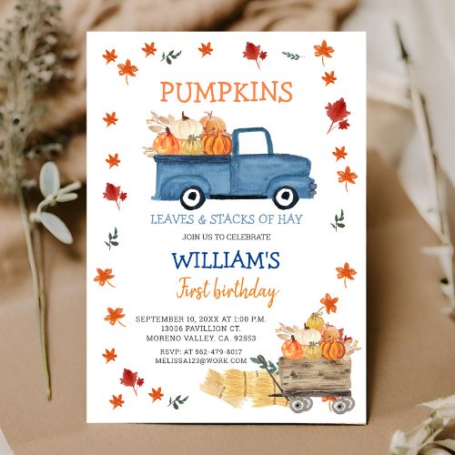 Fall Boy First little navy blue truck birthday Invitation