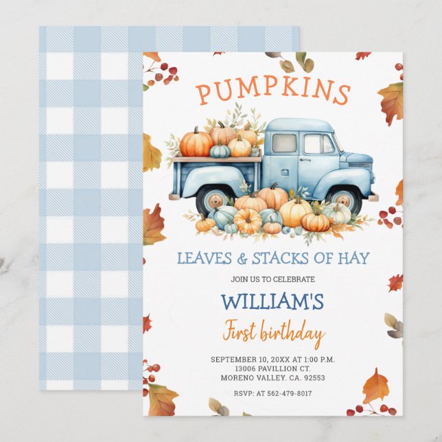Fall Boy Pumpkin Dusty blue truck birthday Autumn Invitation (Front/Back)