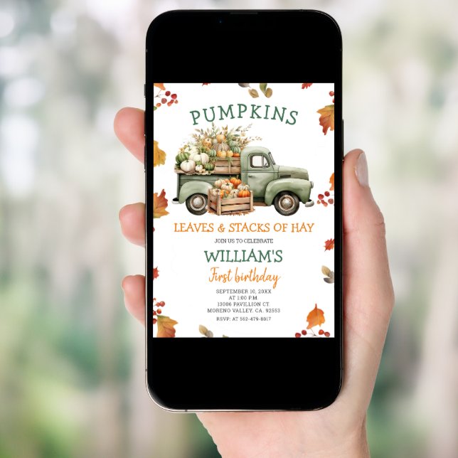 Fall Boy Pumpkin Sage Green Truck Birthday Autumn Invitation (Front Digital)