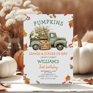 Fall Boy Pumpkin Sage Green Truck Birthday Autumn Invitation