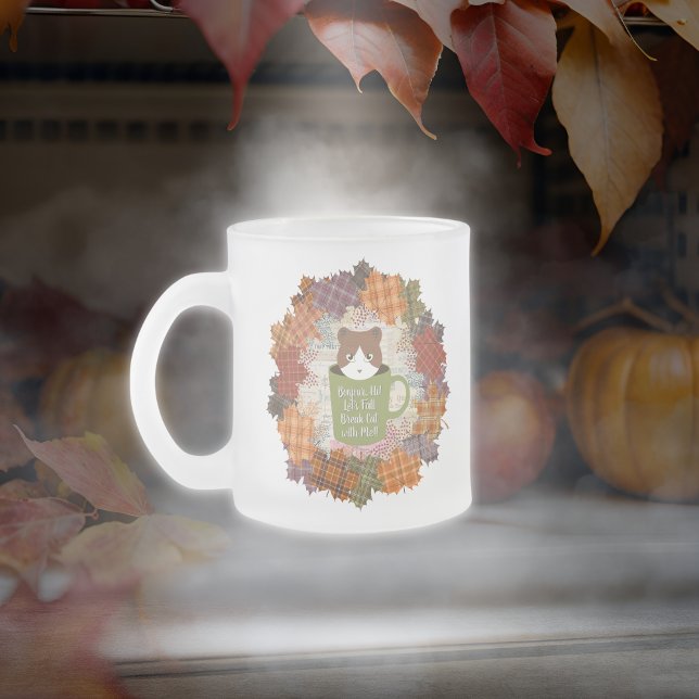 Fall Break Cat  Frosted Glass Coffee Mug (Front of the Fall Break Cat Frosted Glass Coffee Mug in the freezer.)