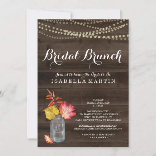 Fall Bridal Brunch Invitation - Fall in love. . . .  Hand drawn Watercolor fall leaves and mason jar complement the season beautifully.