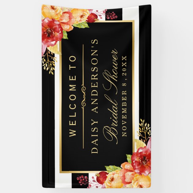 Fall Bridal Shower Autumn Gold Red Floral Stripes Banner
