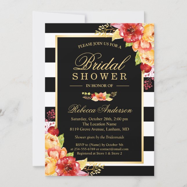 Fall Bridal Shower Autumn Gold Red Floral Stripes Invitation (Front)
