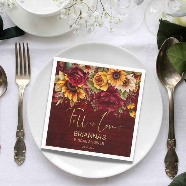 Fall bridal shower burgundy roses sunflowers napkins (Fall in love burgundy roses sunflowers autumn fall bridal shower personalized napkins)