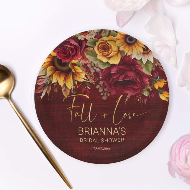 Fall bridal shower burgundy roses sunflowers paper plates (Fall in love bridal shower burgundy roses yellow sunflowers autumn bridal shower tableware)