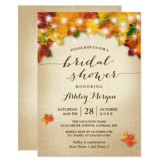 Fall Bridal Shower Burlap String Lights Leaves Invitation