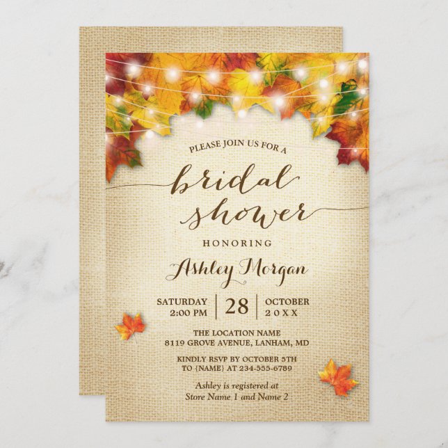 Fall Bridal Shower Burlap String Lights Leaves Invitation (Front/Back)