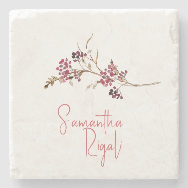 Fall Bridal Shower Favor – Botanical Berry Stone Coaster (Front)