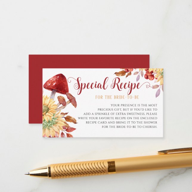  Fall Bridal Shower Floral Mushroom Recipe Request Enclosure Card (Front/Back In Situ)