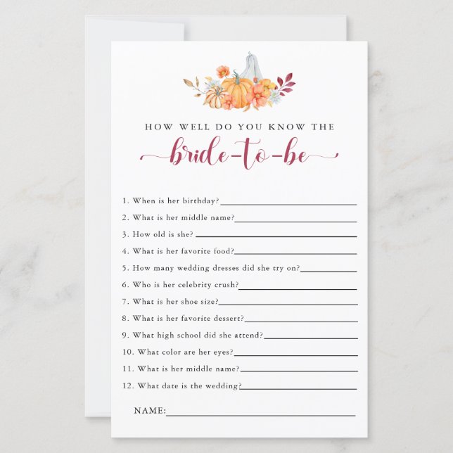 Fall Bridal Shower Game How Well Do you Know bride (Front)