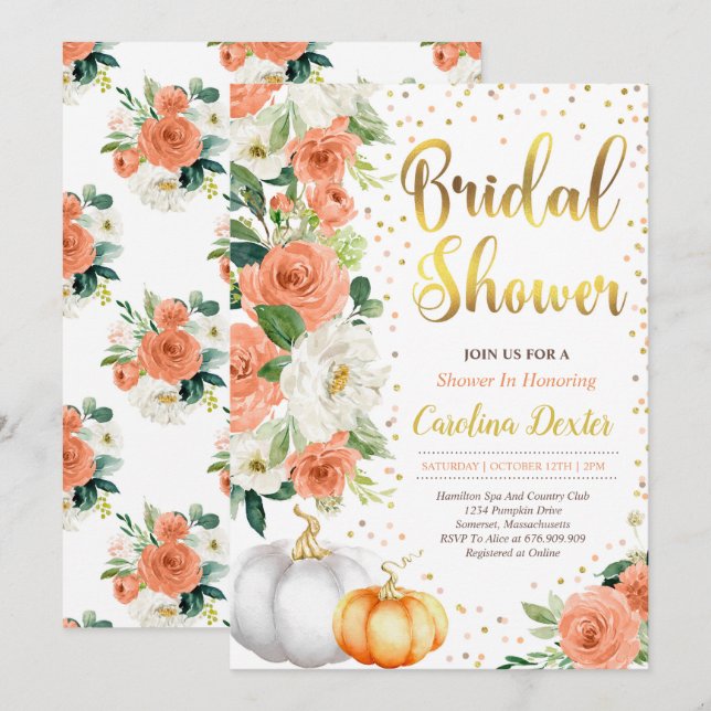 Fall Bridal Shower Invitation Blush Orange & Gold (Front/Back)