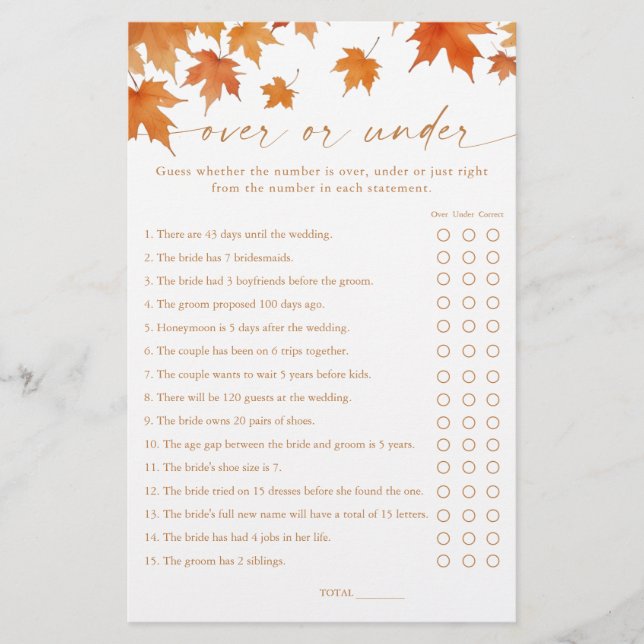 Fall Bridal Shower Over or Under Game (Front)