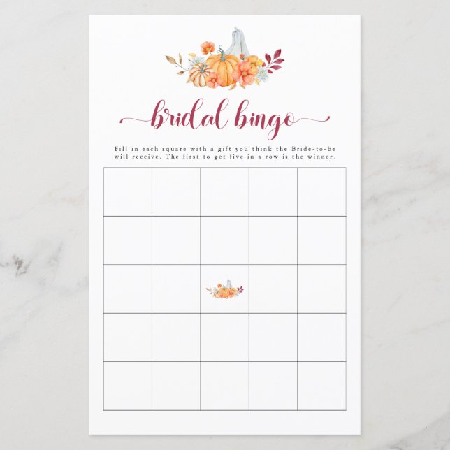 Fall Bridal Shower Pumpkin Bingo Game (Front)