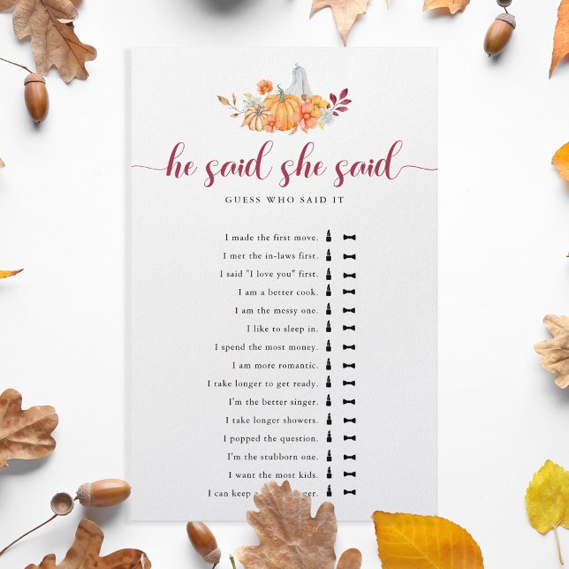 Fall Bridal Shower Pumpkin He Said She Said Game Flyer (Creator Uploaded)