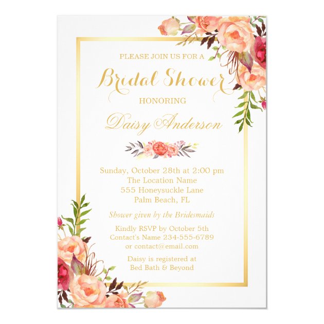 Fall Bridal Shower Rustic Orange Floral Chic Gold Invitation