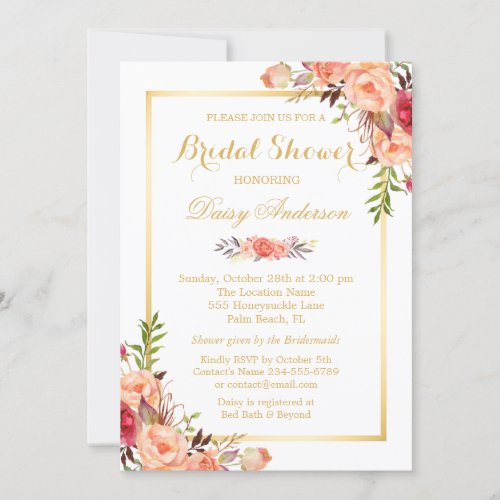 Fall Bridal Shower Rustic Orange Floral Chic Gold Card