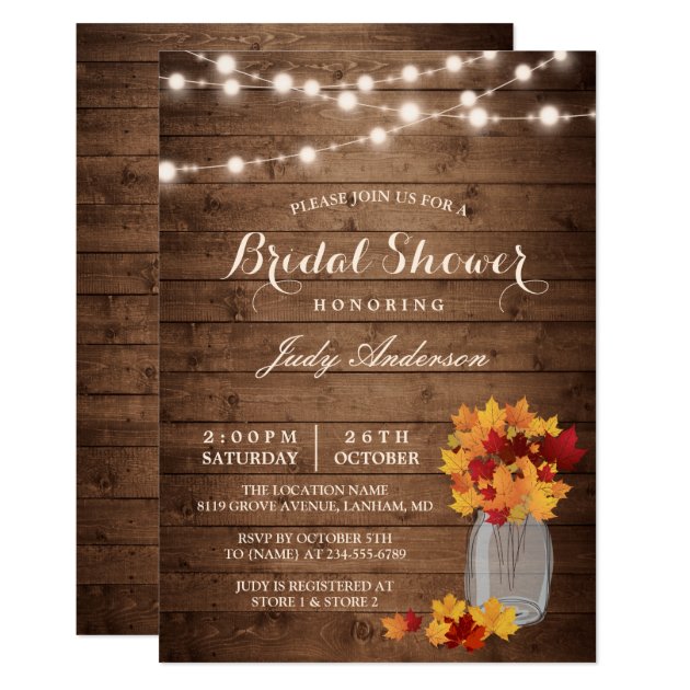 Fall Bridal Shower | Rustic Wood Mason Jars Lights Invitation