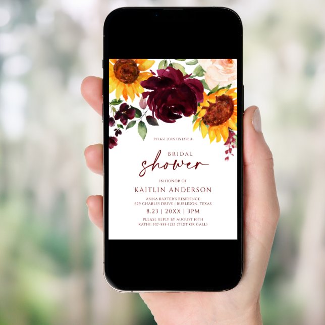 Fall Bridal Shower Sunflower Roses Burgundy Red In Invitation (Front Digital)