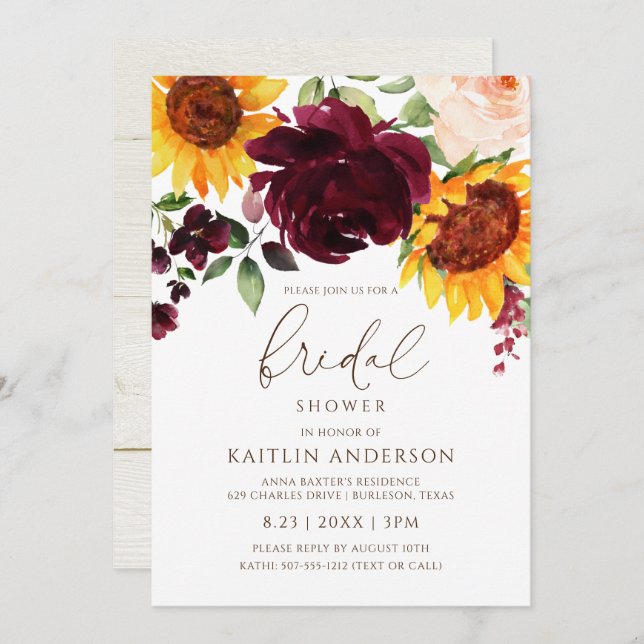 Fall Bridal Shower Sunflower Roses Burgundy Red Invitation (Front/Back)
