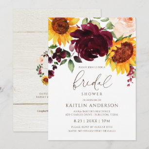 Fall Bridal Shower Sunflower Roses Burgundy Red Invitation