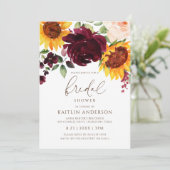 Fall Bridal Shower Sunflower Roses Burgundy Red Invitation (Standing Front)
