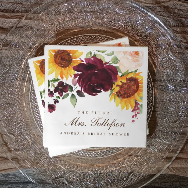 Fall Bridal Shower Sunflower Roses Burgundy Wine Napkins (Fall bridal shower napkins with "The Future Mrs." and watercolor florals in rich autumn tones.)