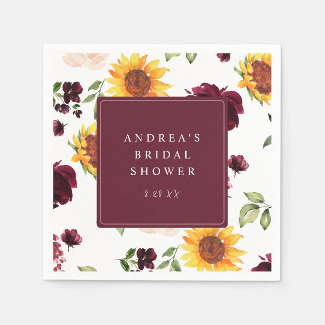 Fall Bridal Shower Sunflowers & Burgundy Roses Napkins (Front)