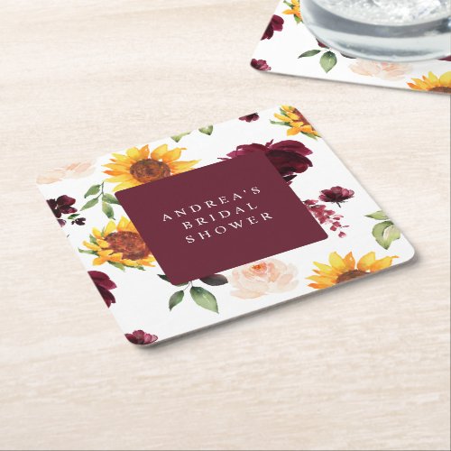 Fall Bridal Shower Sunflowers  Burgundy Roses Square Paper Coaster