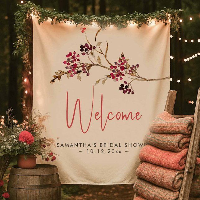 Fall Bridal Shower Welcome Sign Rustic Berry (fall bridal shower theme features a welcome tapestry with twigs and berries. )