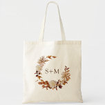 Fall Bride Groom Monogram Leaves Wreath Wedding Tote Bag<br><div class="desc">This elegant fall wedding tote bag features hand-painted watercolor burnt orange and terracotta leaves, cream and beige dahlias, and beautiful rust-colored roses perfect for an autumn wedding! The back and front have the same design. (This design is part of the Autumn Romance collection that can be viewed by clicking on...</div>