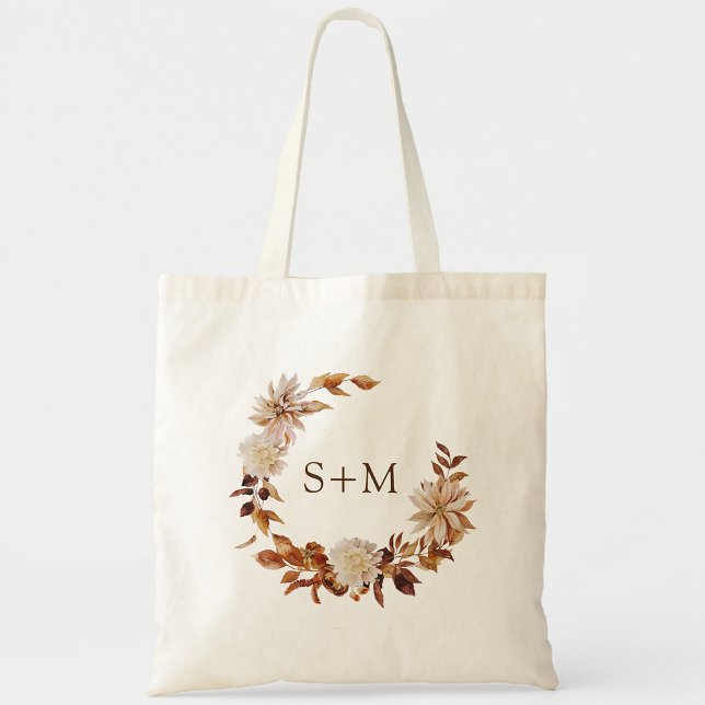 Fall Bride Groom Monogram Leaves Wreath Wedding Tote Bag (Fall Bride Groom Monogram Leaves Wreath Wedding Tote Bag by Painted Paperie)