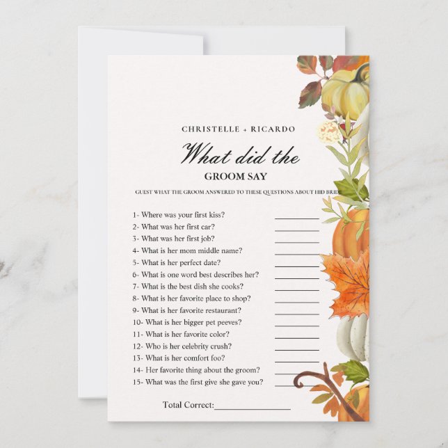Fall Bride & groom trivia bridal shower game Card (Front)