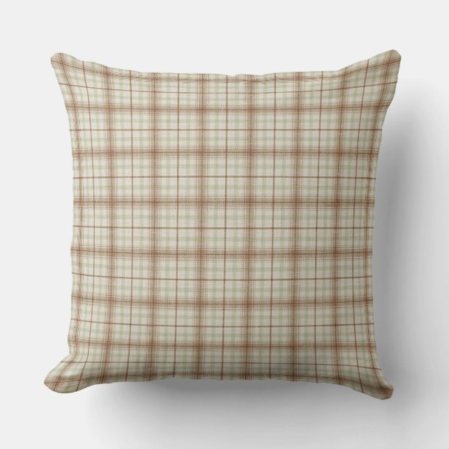 Fall Brown and Mint Green Plaid Throw Pillow (Front)