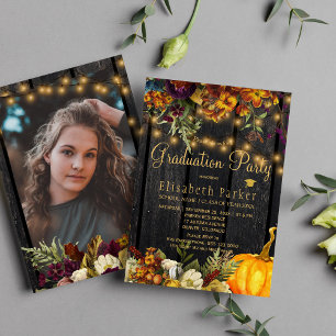 Fall brown barn wood floral PHOTO graduation party Invitation
