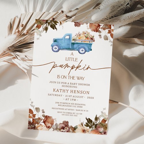 Fall Brown Floral Blue Pumpkin Truck Baby Shower  Invitation