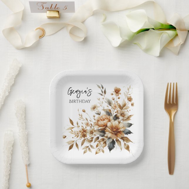 Fall Brown Floral Elegant Birthday Party Paper Plates (Wedding)