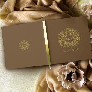 Fall brown gold leaf monogram wedding foil guest book