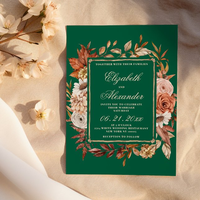Fall brown green floral leaves winter wedding  invitation (Fall brown green floral leaves winter wedding )