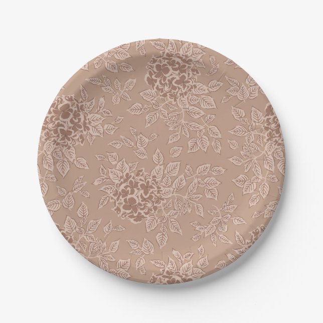 Fall Brown Hydrangea Flowers and Leaves Paper Plates (Front)