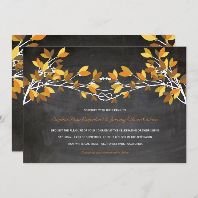 Fall Brown Knotted Love Trees Chalkboard Wedding Invitation (Front/Back)