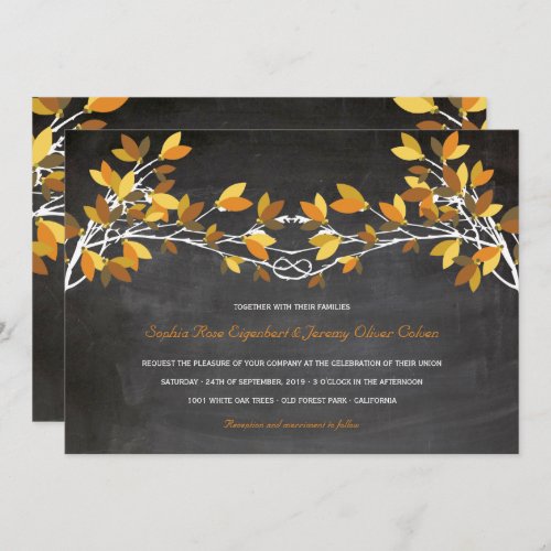 Fall Brown Knotted Love Trees Chalkboard Wedding Invitation