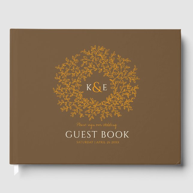 Fall brown off white orange leaf monogram wedding guest book (Front)