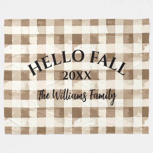 Fall Brown Plaid Farmhouse Autumn Name Year Decor Fleece Blanket