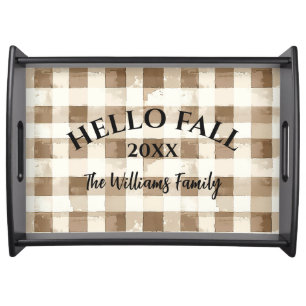 Fall Brown Plaid Farmhouse Autumn Name Year Decor Serving Tray