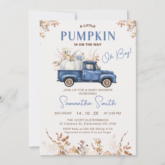Fall Brown Wildflowers Pumpkin Truck Baby Shower  Invitation (Front)