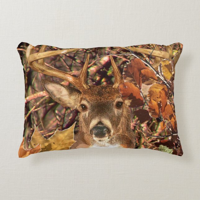 Fall Buck in Camo White Tail Deer Decorative Pillow (Front)