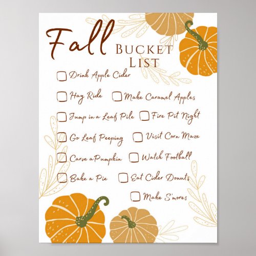 Fall Bucket List Activity Check List  Poster