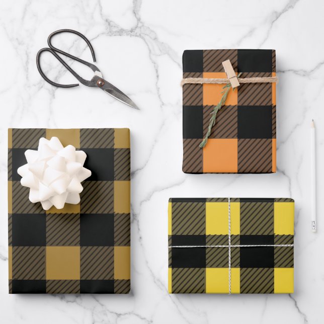 Fall Buffalo Plaid Yellow, Orange and Brown Shades Wrapping Paper Sheets (Front)
